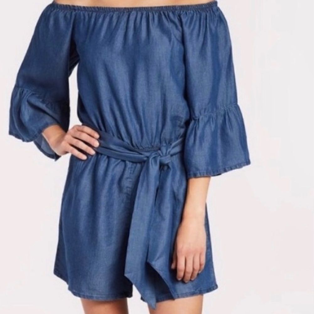RD Style Chambray‎ Off-the-Shoulder Romper w/Wide Belt and Peplum Sleeves